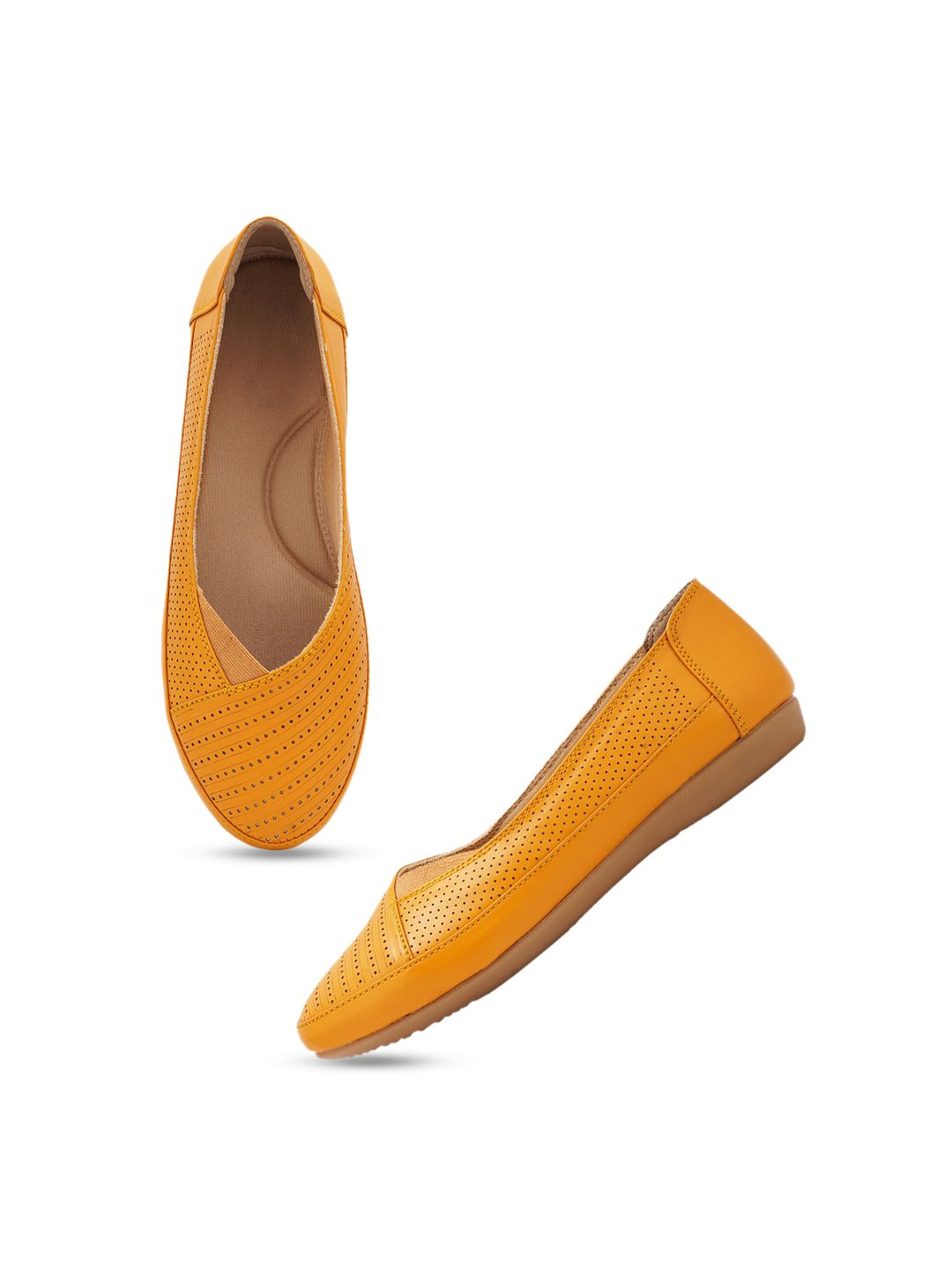 Mast & Harbour Mustard Yellow Perforated Round Toe Ballerinas