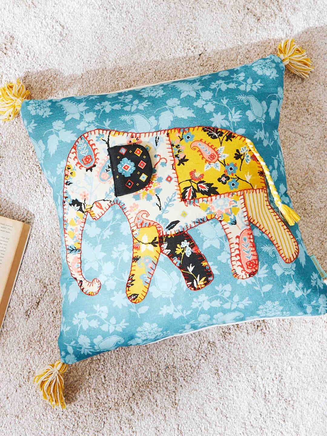 Chumbak Teal & Yellow Quirky Cotton Square Cushion Cover