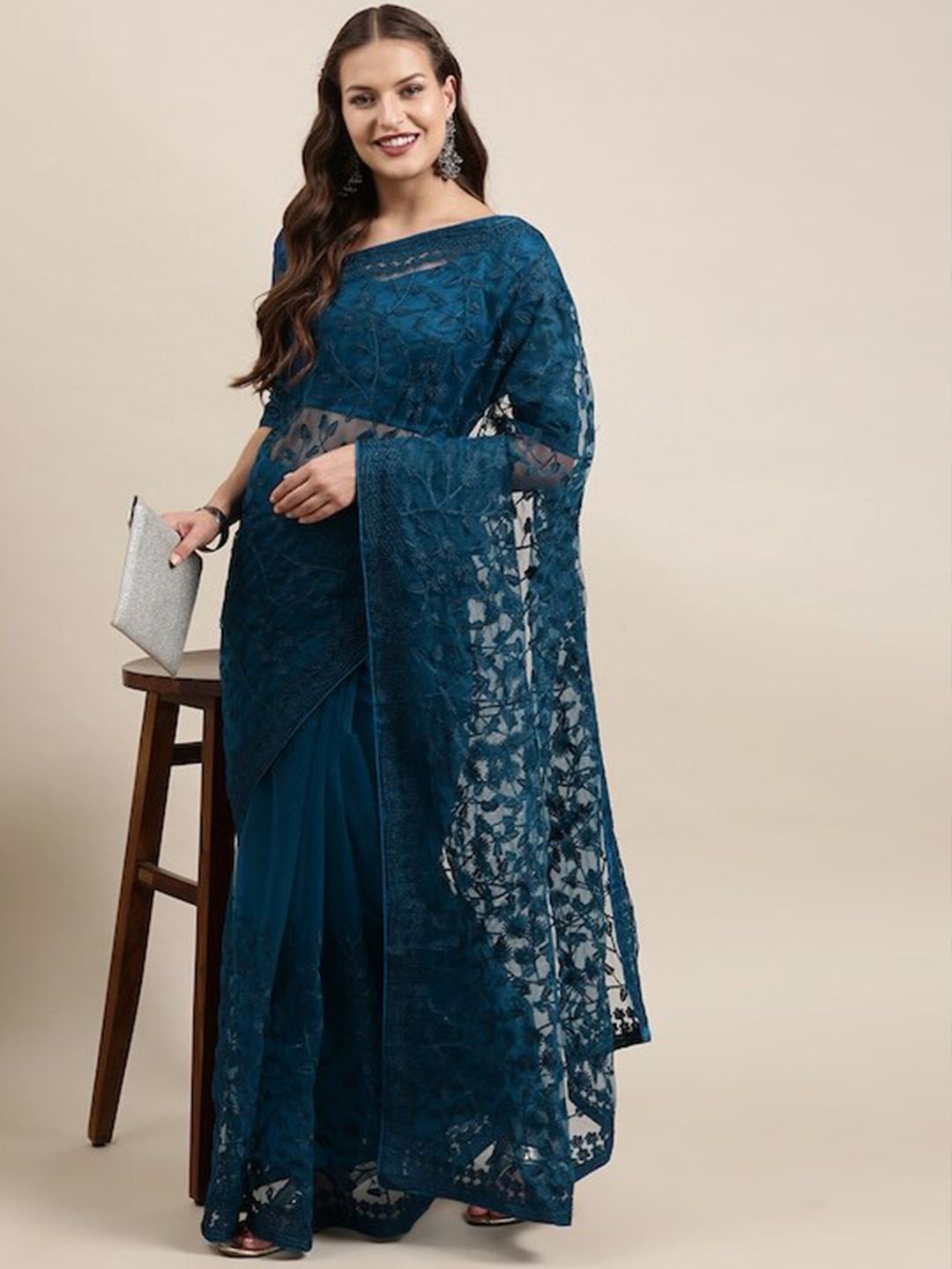 Mitera Blue Floral Embroidered Net Saree Price in India