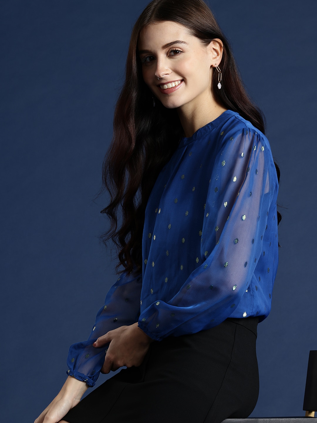 Mast & Harbour Polka Dot Embroidered Puff Sleeve Chiffon Top Price in India