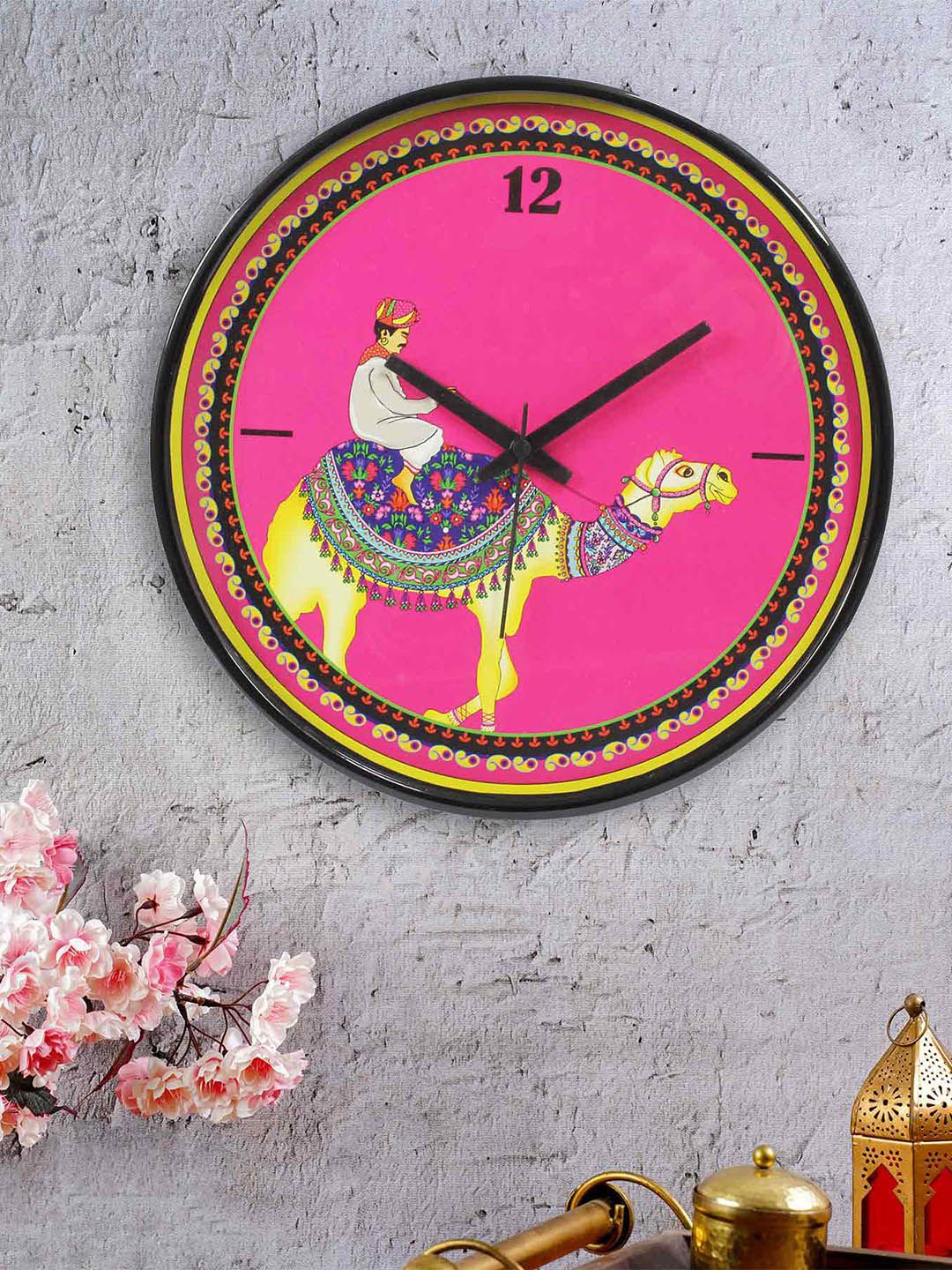 KOLOROBIA KOLOROBIA Pink & Yellow Princely Camel  Printed Contemporary Analogue Wall Clock