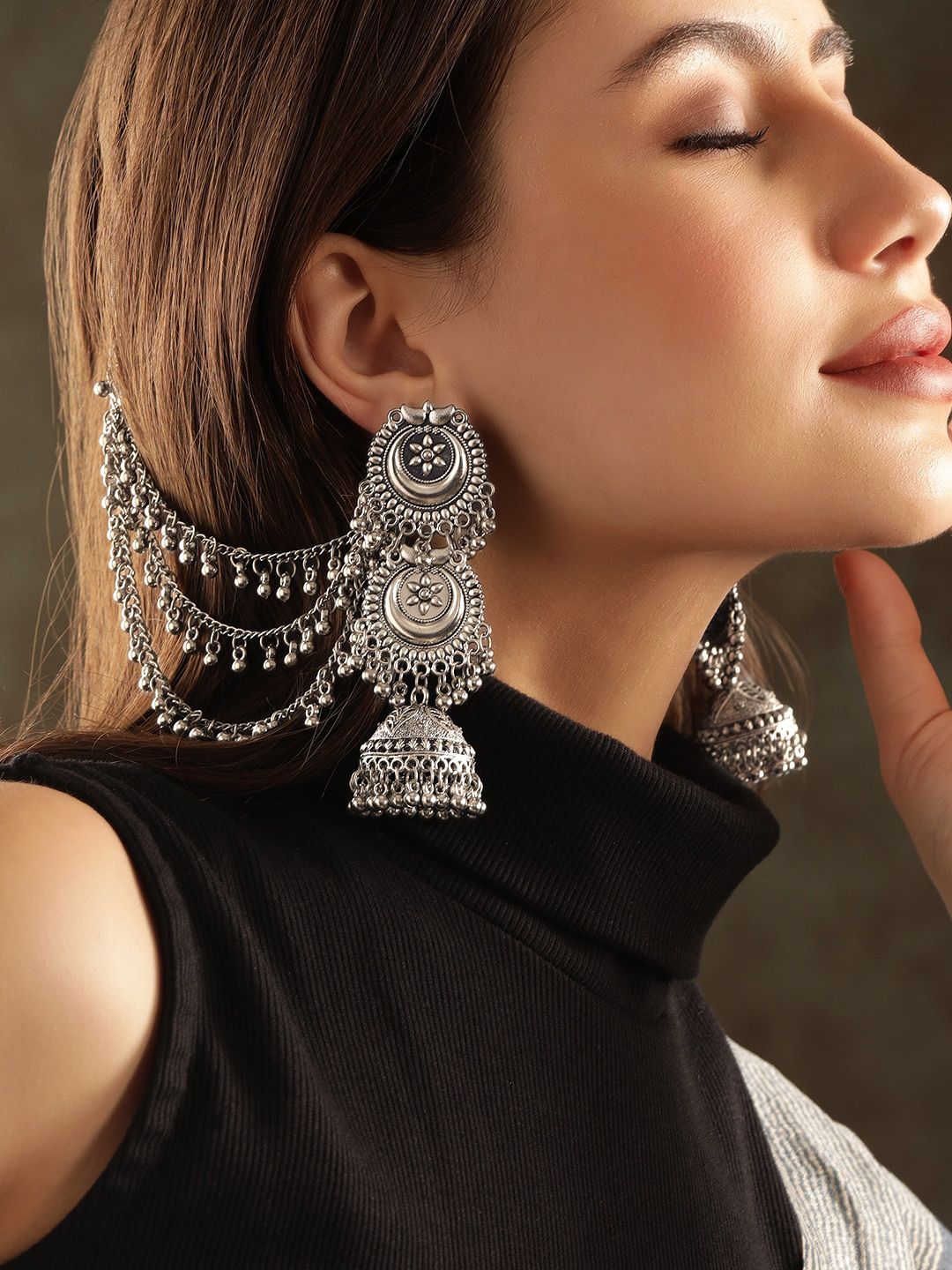 Rubans Rubans Oxidised Silver Plated Ghumroo Beaded Dome Jhumka with Triple Layer Hair Chain