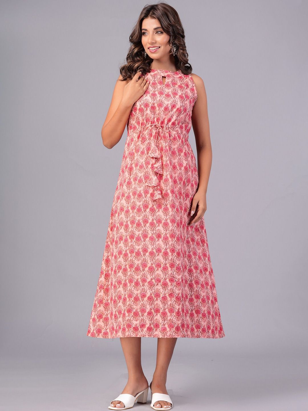 EtnicaWear Floral Print Keyhole Neck Cotton A-Line Midi Dress Price in India