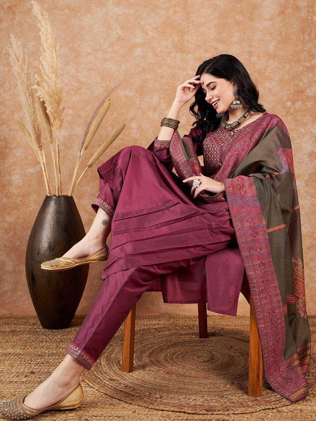 Sangria Pink Floral Embroidered Zari Sequence A-Line Kurta & Trousers With Dupatta Price in India