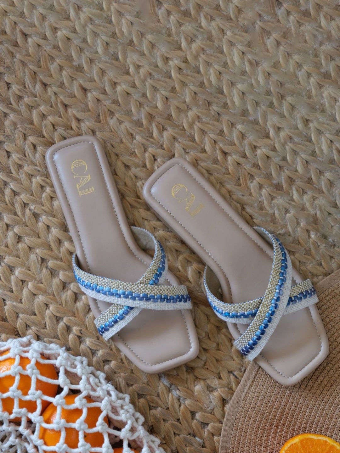 CAI Cross Strap Embroidered Open Toe Flats