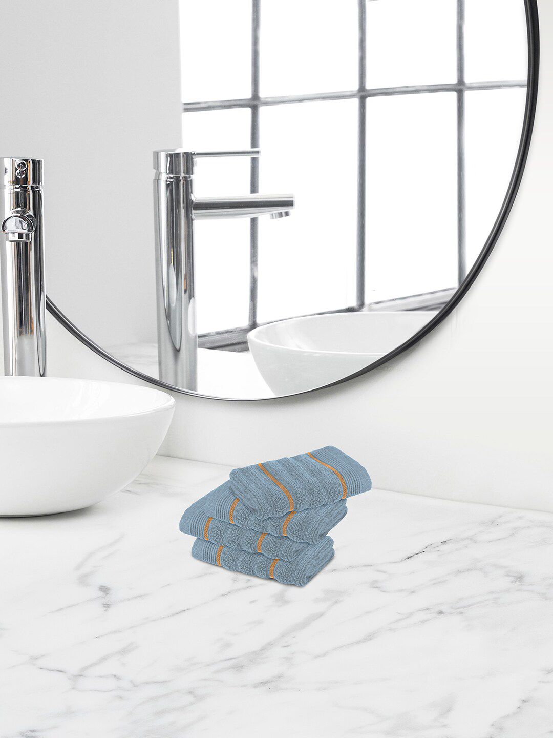 Himeya Navy-Blue & Yellow 4 Pieces Striped 550 GSM Cotton Face Towels