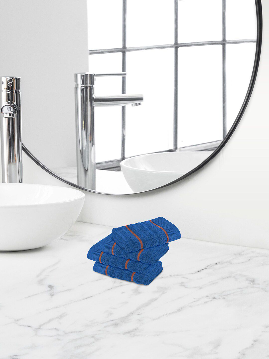 Himeya Blue & Orange-Coloured 4 Pieces Striped 550 GSM Cotton Face Towels