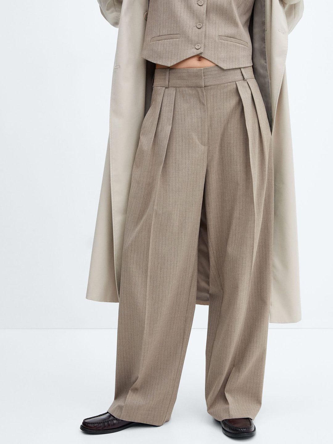 MANGO Women Striped Wide Leg Pleated Trousers Price in India