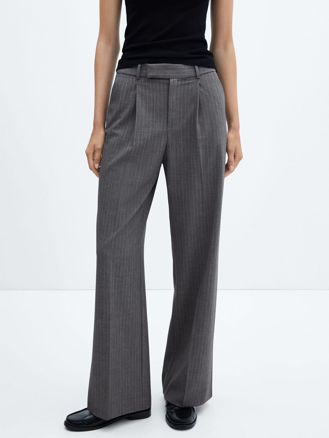 MANGO Women Striped Wide Leg Pleated Formal Trousers