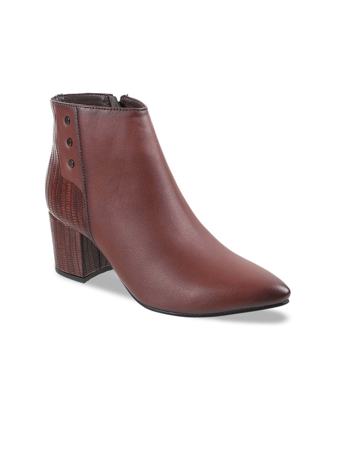 Mochi Women Mid Top Pointed Toe Textured Block Heel Regular Boots