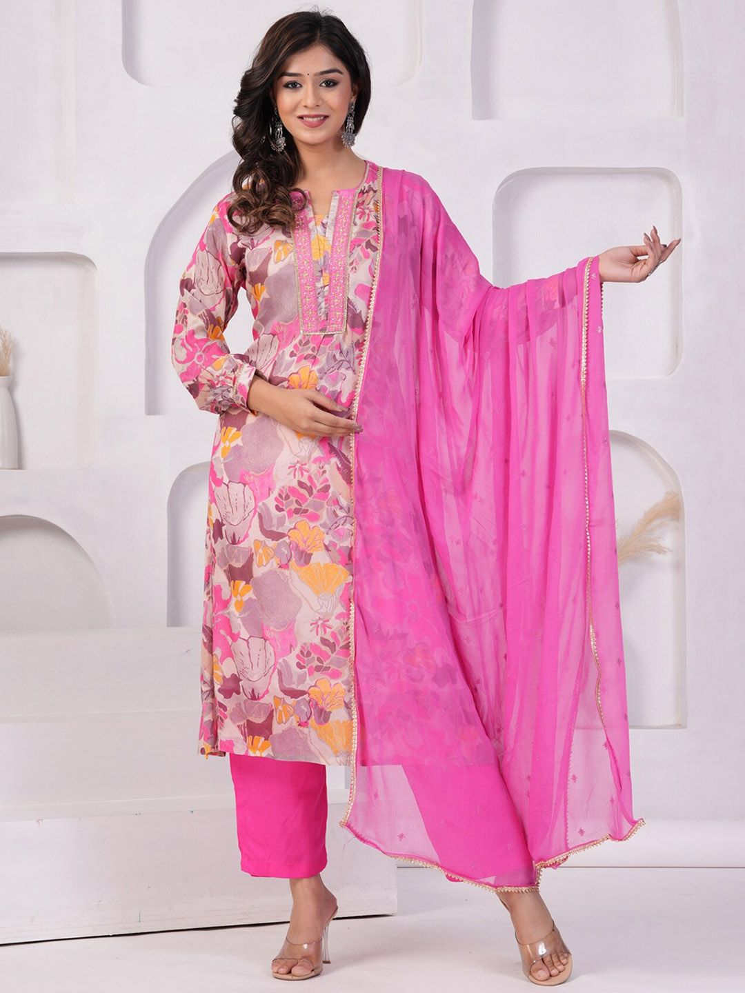 EtnicaWear Floral Printed Beads And Stones Kurta With Trousers & Dupatta Price in India
