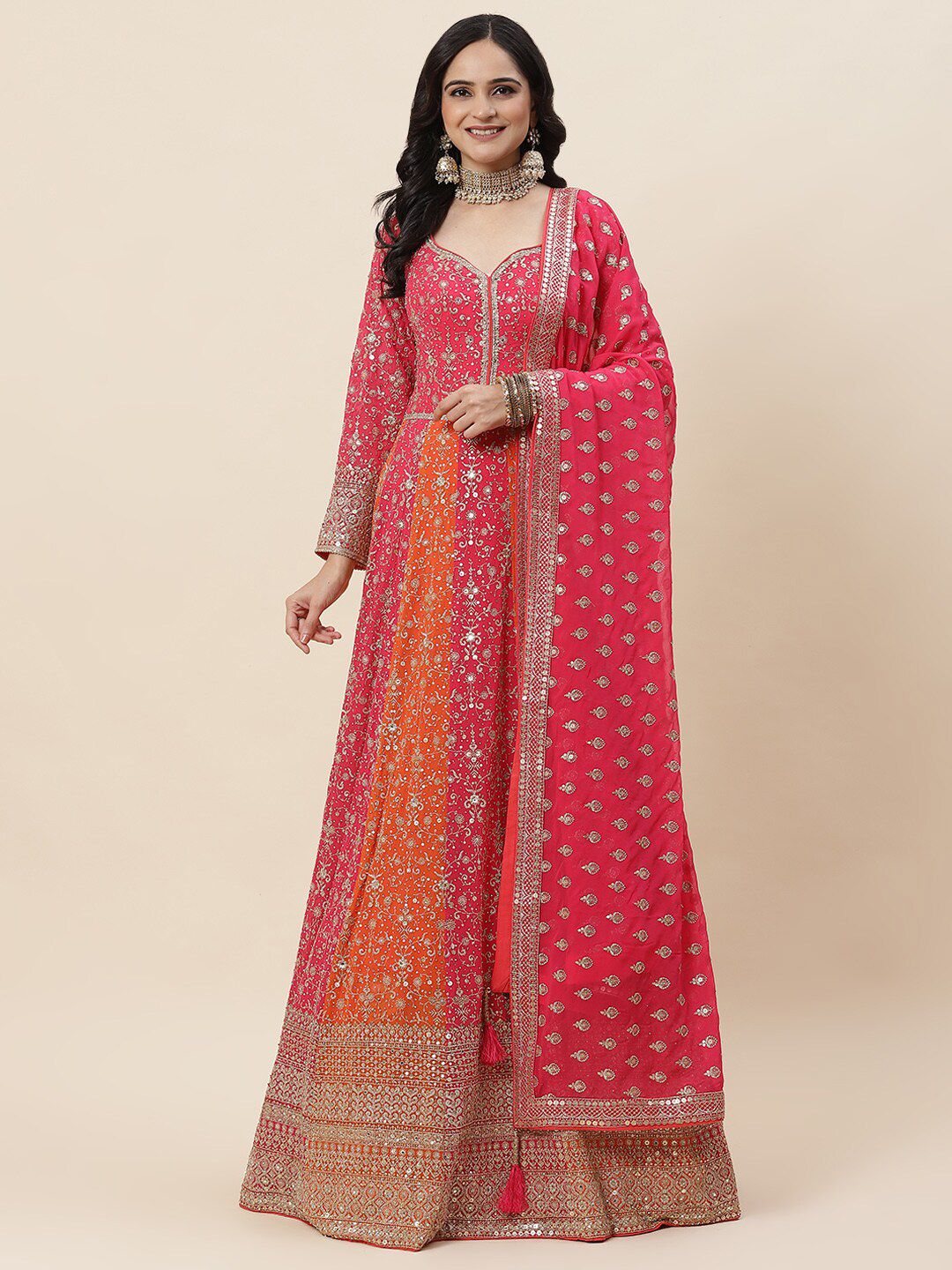 Meena Bazaar Floral Embroidered Sequinned Anarkali Kurta & Chruridar With Dupatta Price in India