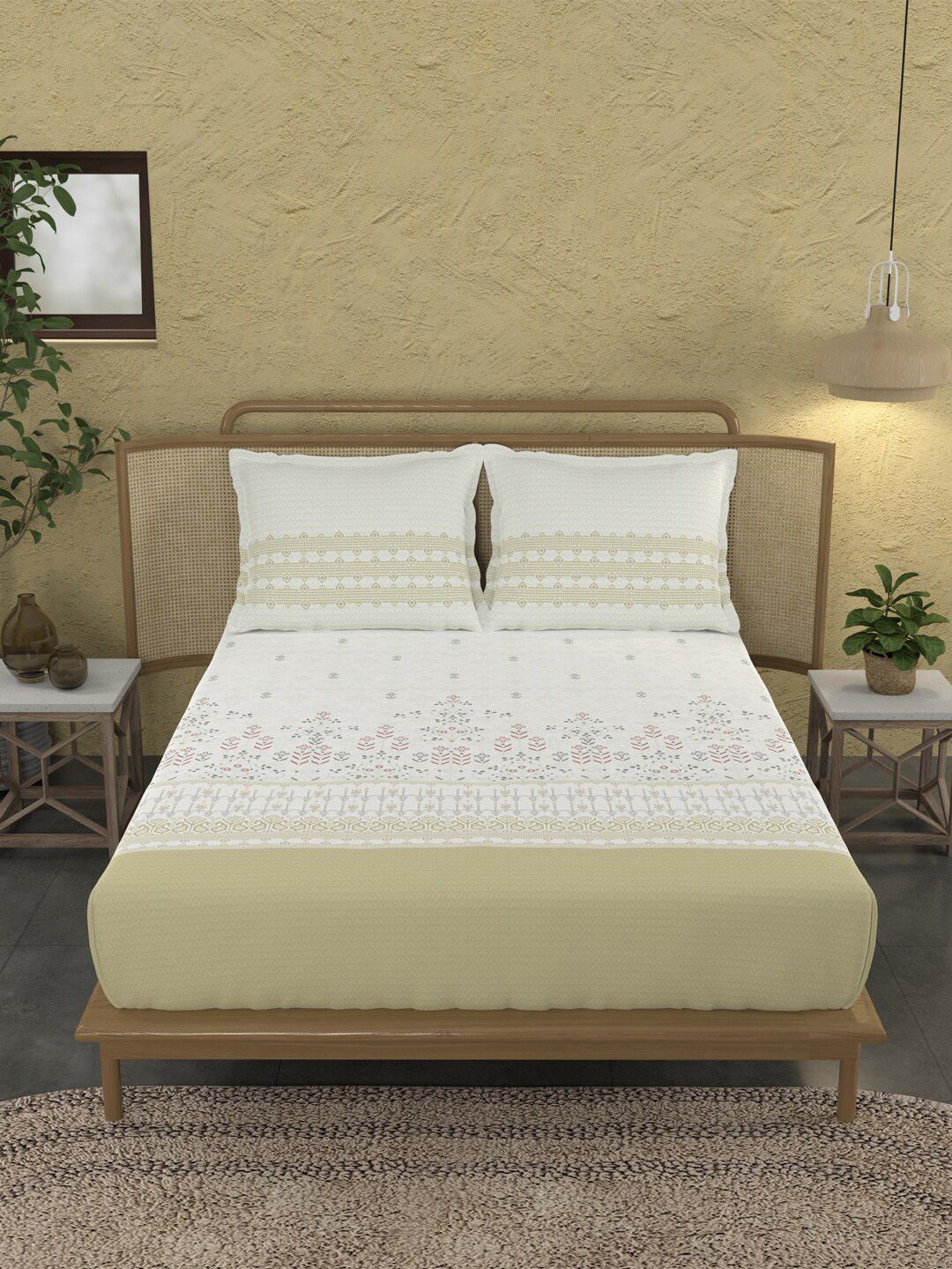 MYTRIDENT Jamdani Green Sanskriti Flat 144TC King Cotton Bedsheet Set deal from myntra