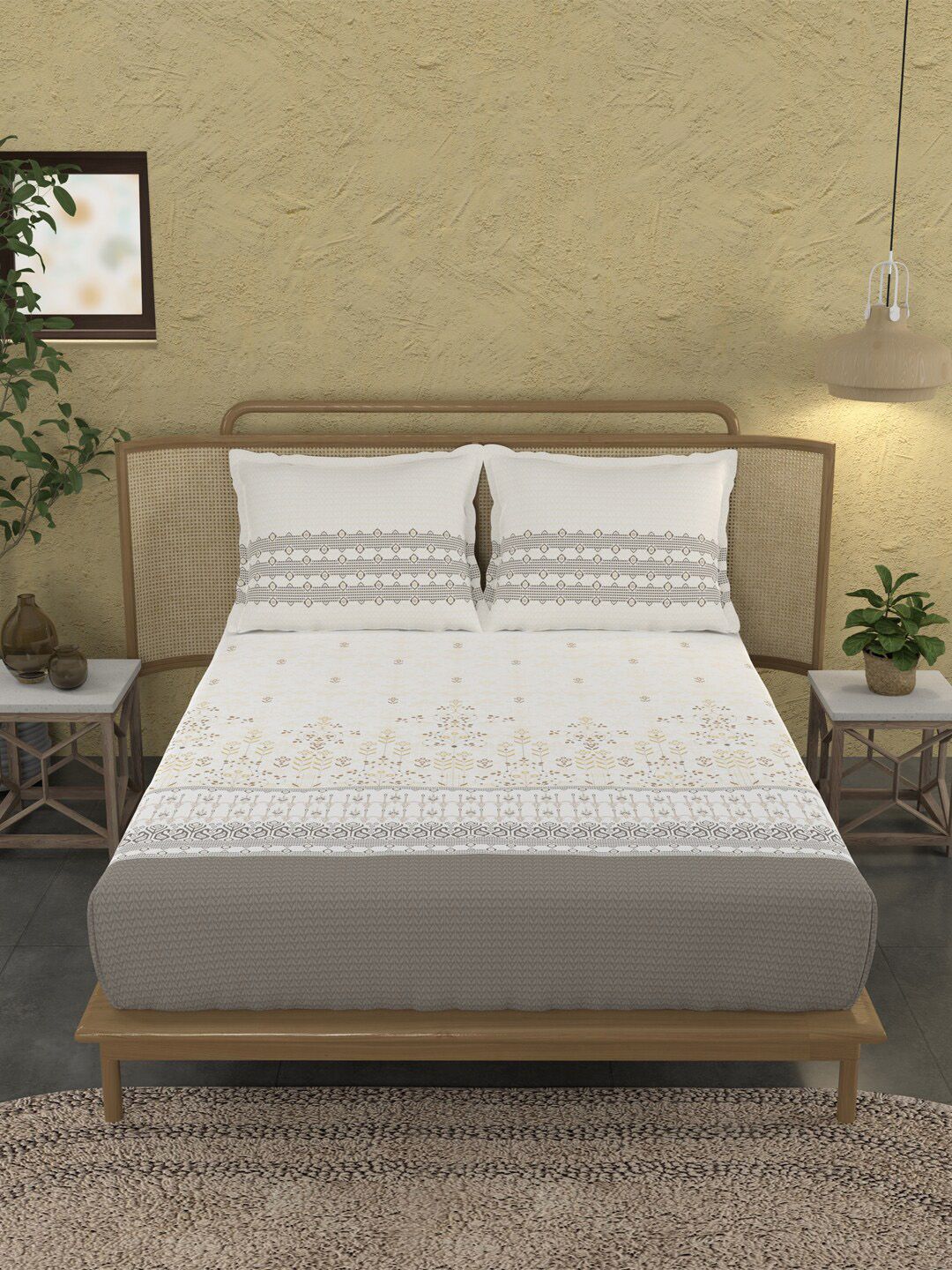 TRIDENT Jamdani Caramel Sanskriti Flat 144TC King Cotton Bedsheet Set deal from myntra