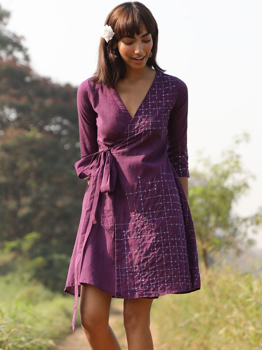OKHAI Embellished V-Neck A-Line Dress Price in India