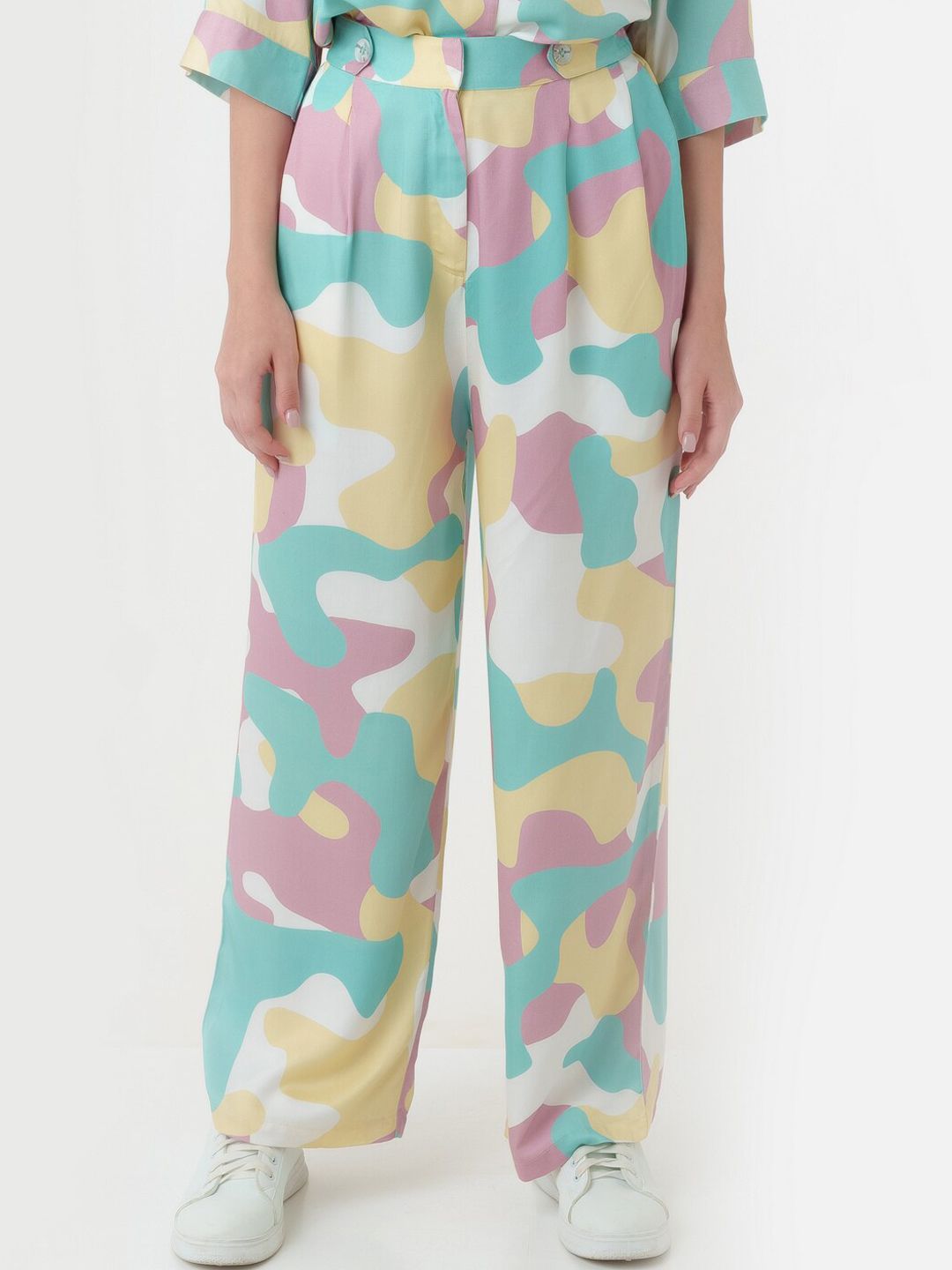 Zink London Women Abstract Printed High-Rise Regular Trousers Price in India