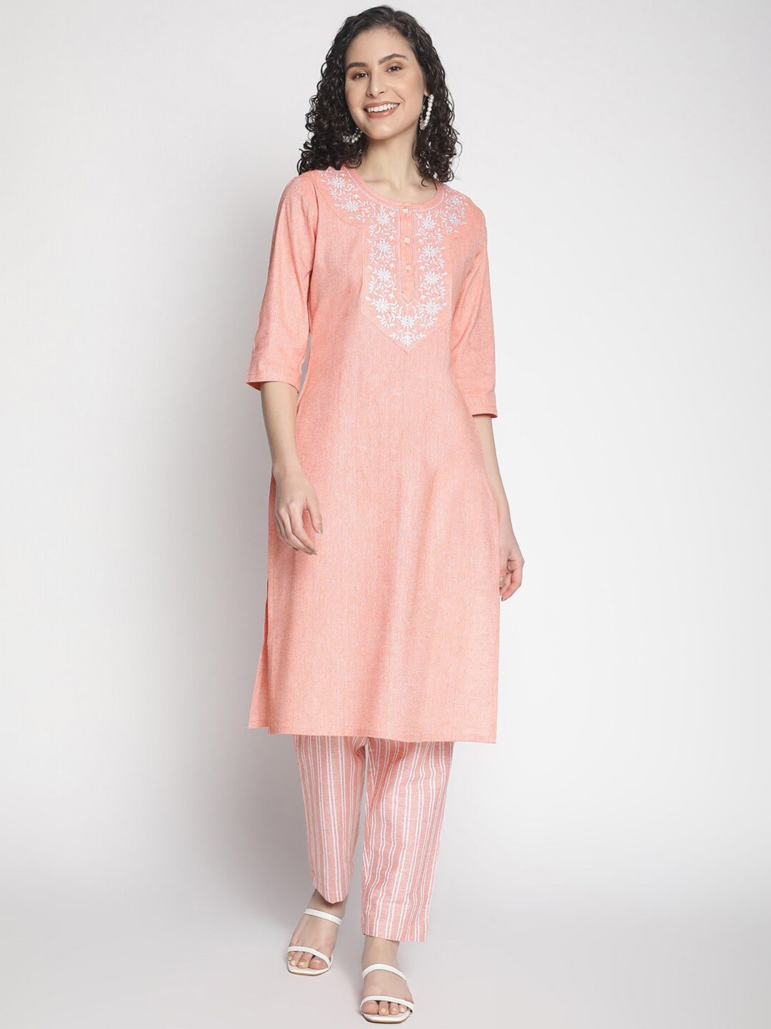 Wodreams Women Peach-Coloured Ethnic Motifs Yoke Design Regular Thread Work Pure Cotton Kurta with Harem Price in India
