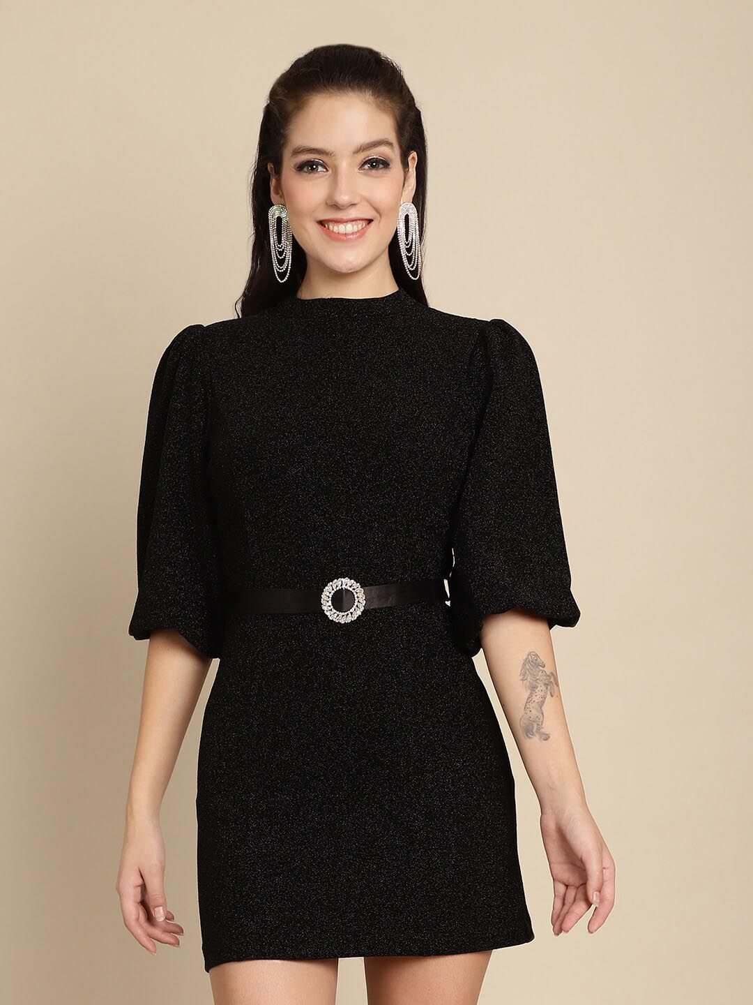 BLANC9 Self Design Puff Sleeves Sheath Mini Dress With Belt Price in India