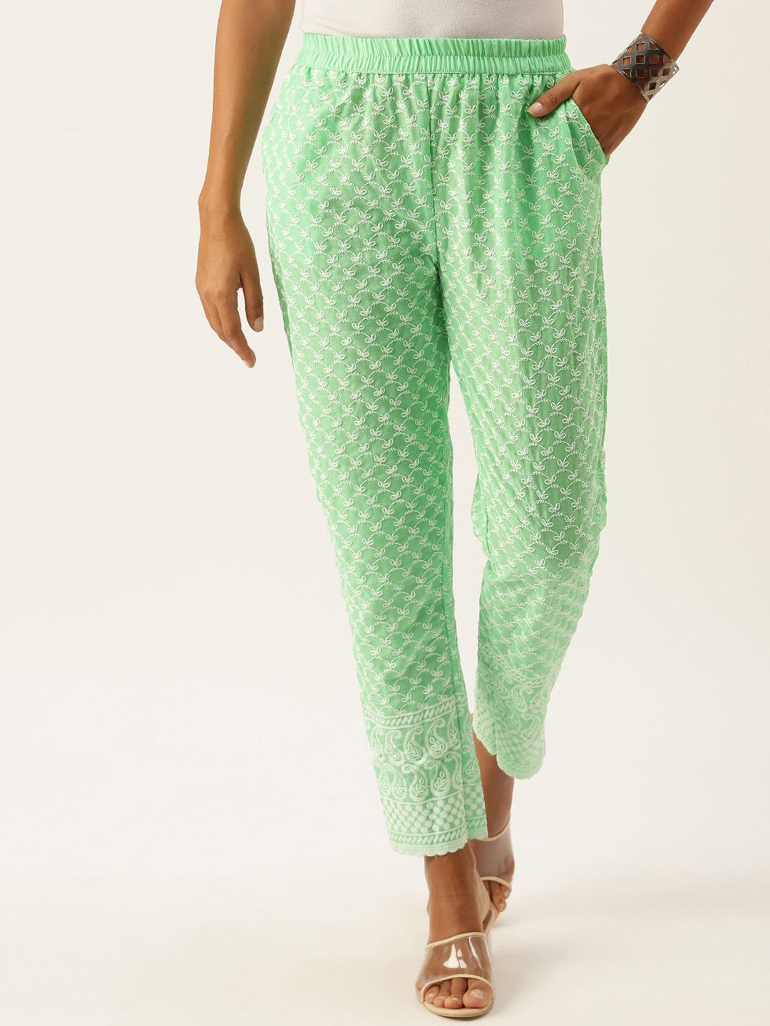 all about you Women Green Ethnic Motifs Embroidered Easy Wash Cotton Trousers Price in India