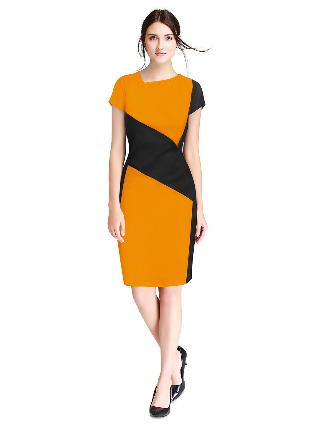 BAESD Colourblocked Asymmetric Neck Sheath Dress