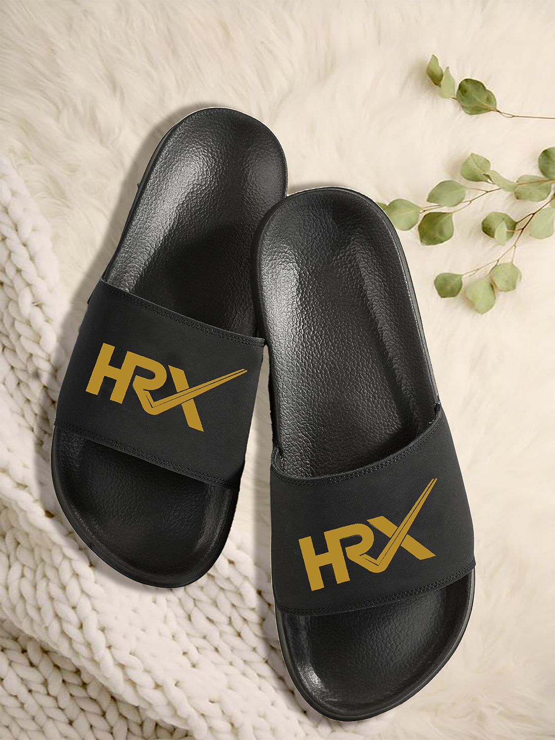 HRX by Hrithik Roshan Women Black & Gold-Toned Printed Sliders