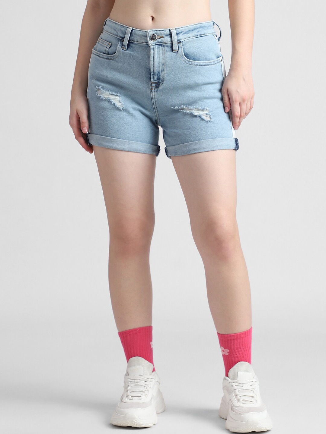 ONLY Women Washed High-Rise Distressed Denim Shorts Price in India