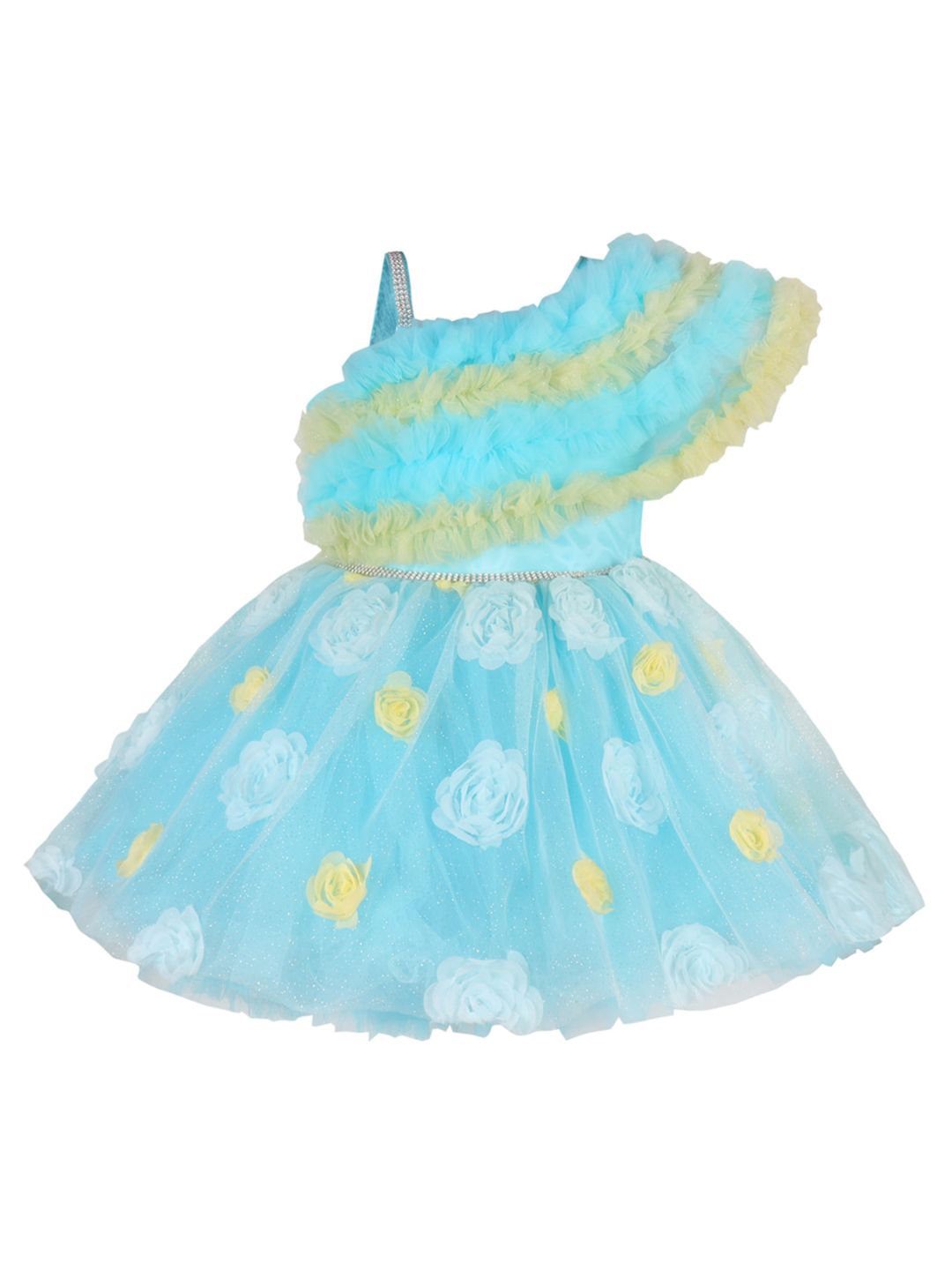 Wish Karo Girls Floral Printed Shoulder Straps Net Fit & Flare Dress