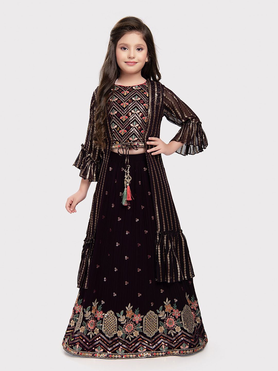 Tiny Kingdom Girls Embroidered Thread Work Ready to Wear Lehenga & Blouse With long jacket Price in India