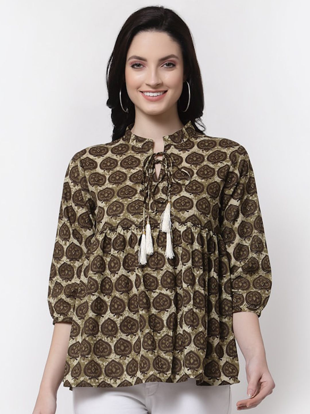 LARGISH Ethnic Motifs Printed Tie-Up Neck Cotton Top