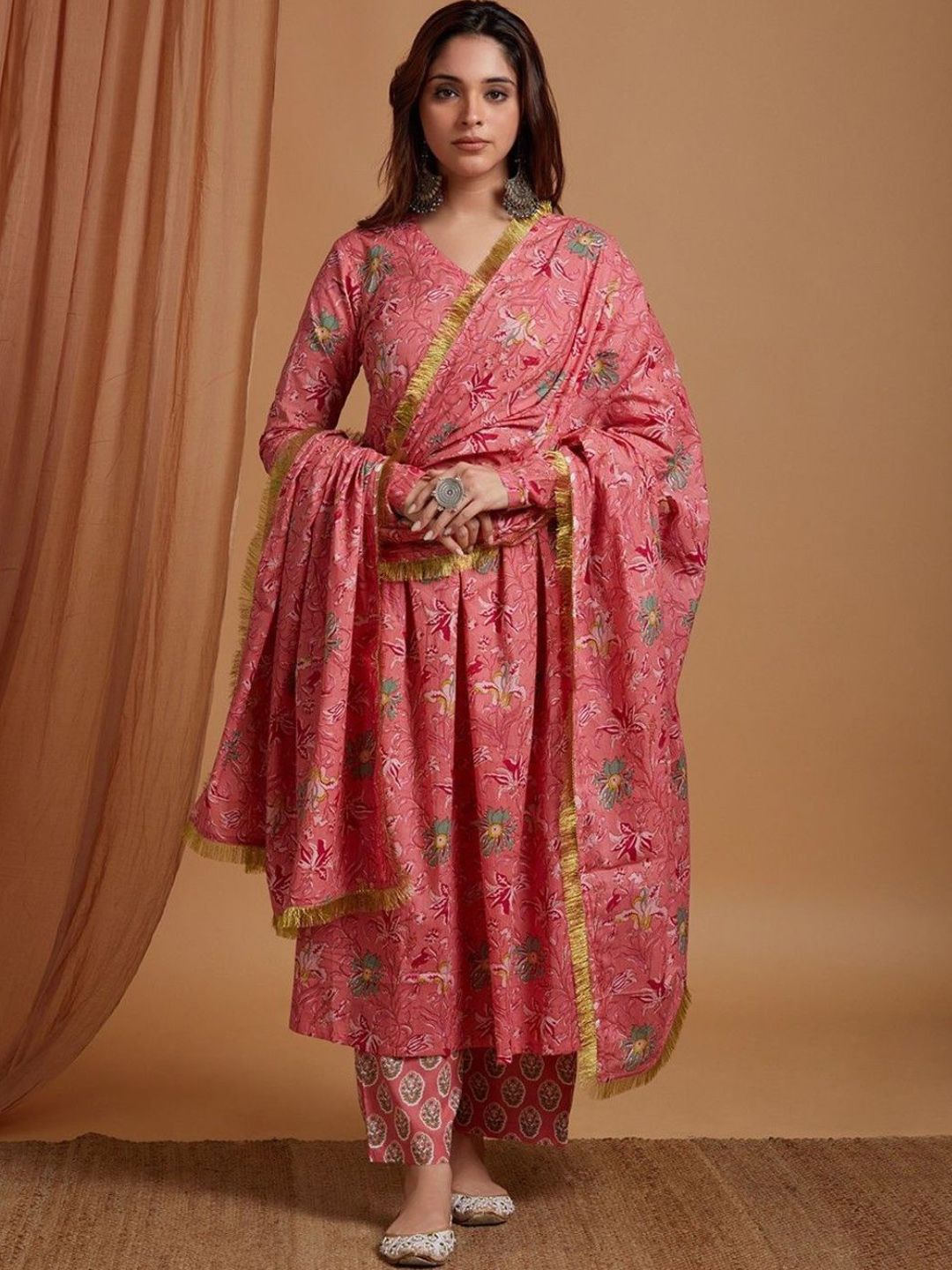 Collection Rj23 Floral Printed Empire Pure Cotton Kurta With Palazzos & Dupatta Price in India