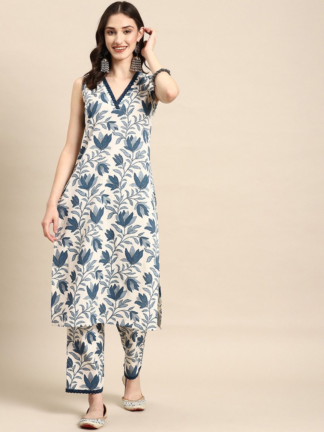 Collection Rj23 Women Beige Floral Printed Regular Kurta with Trousers Price in India