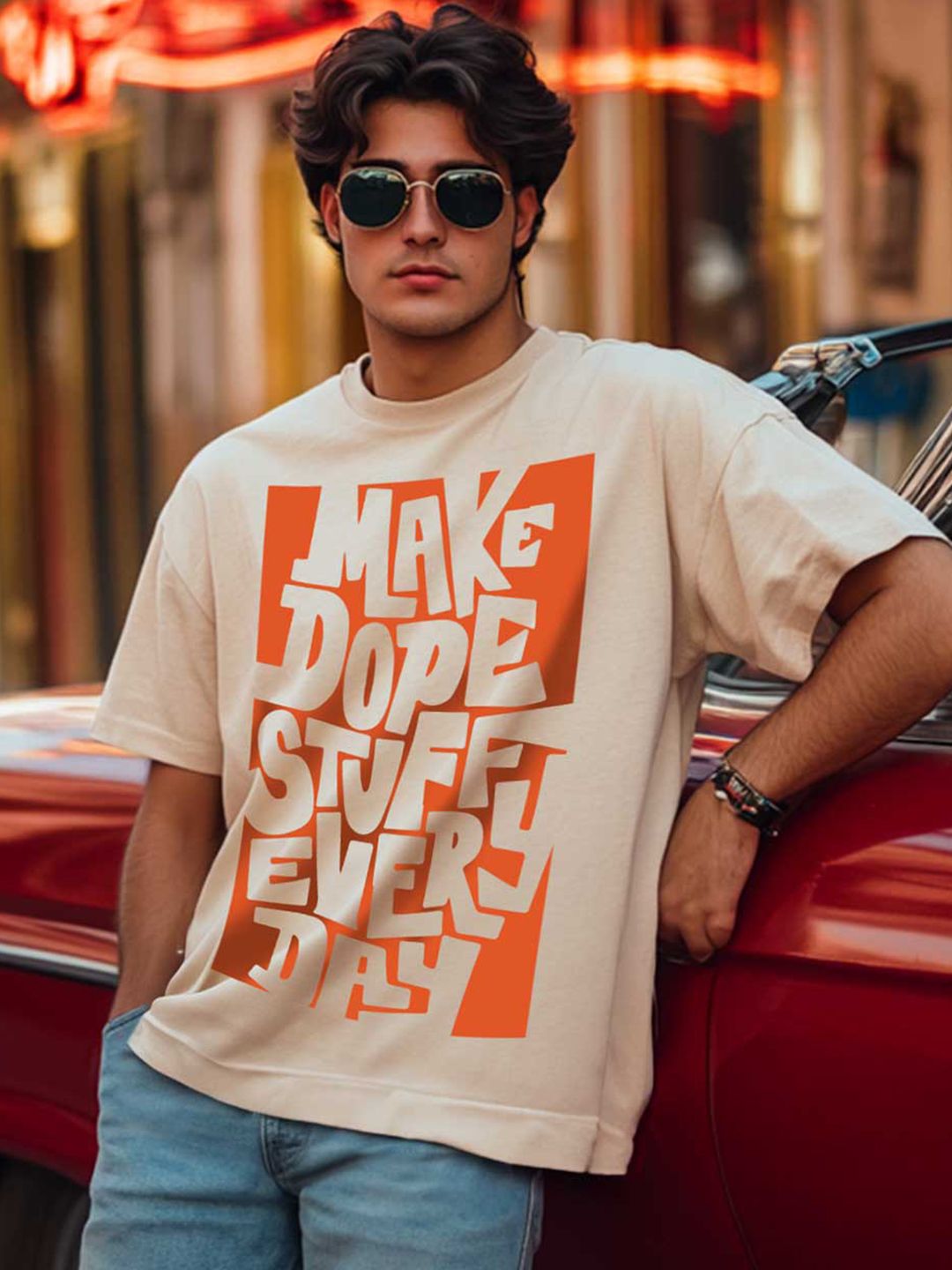 VEIRDO Beige Typography Printed Drop Shoulder Sleeves Cotton Oversized T-shirt