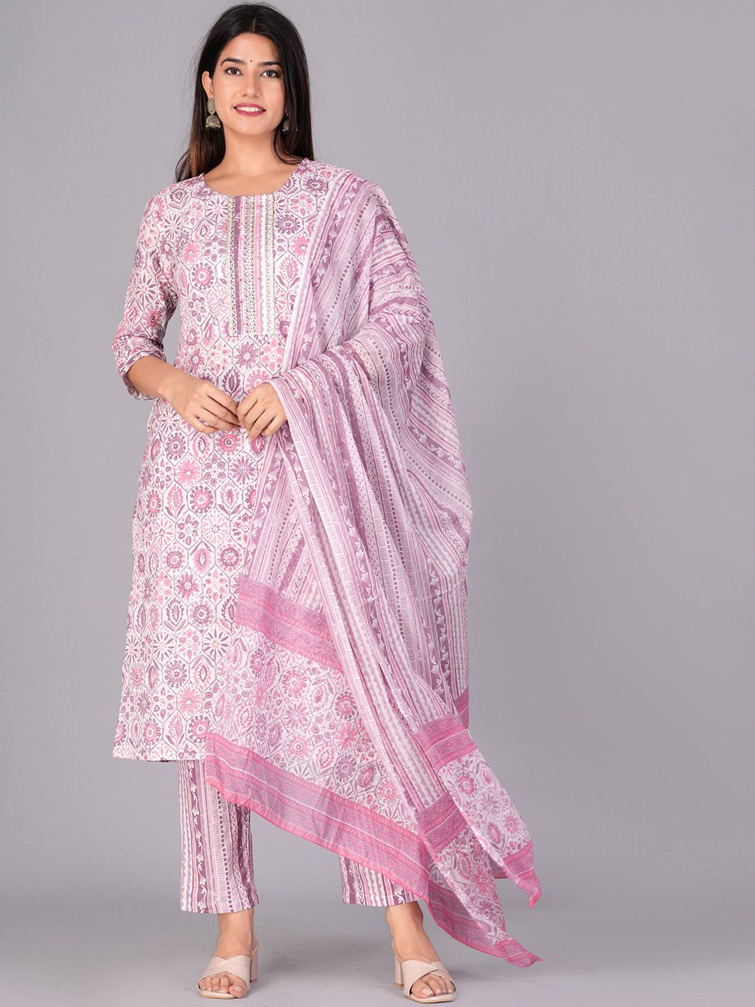 JAIPURI COLLECTION Ethnic Printed Mirror Work Pure Cotton Kurta with Trousers & Dupatta Price in India