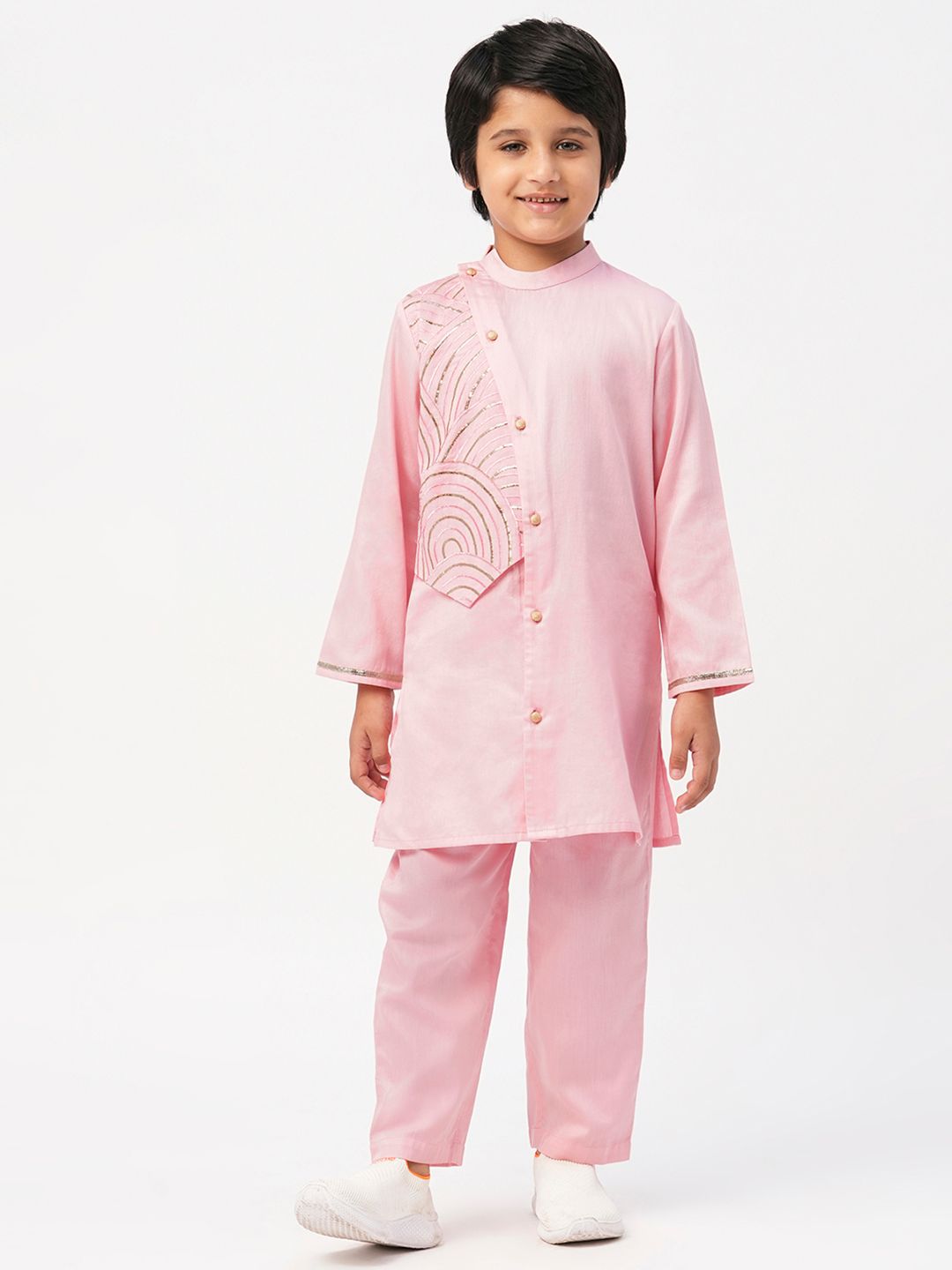 LIL DRAMA Boys Ethnic Motifs Embroidered Gotta Patti Pure Cotton Kurta With Pyjamas