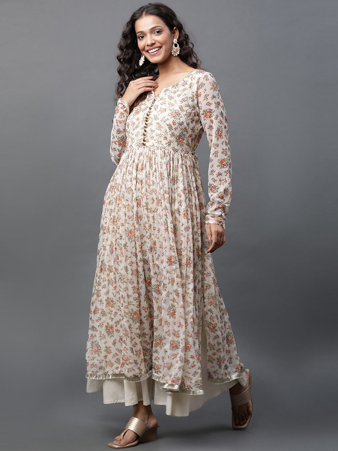AURELIA Floral Printed Regular Pleated Kurta with Palazzos & With Dupatta