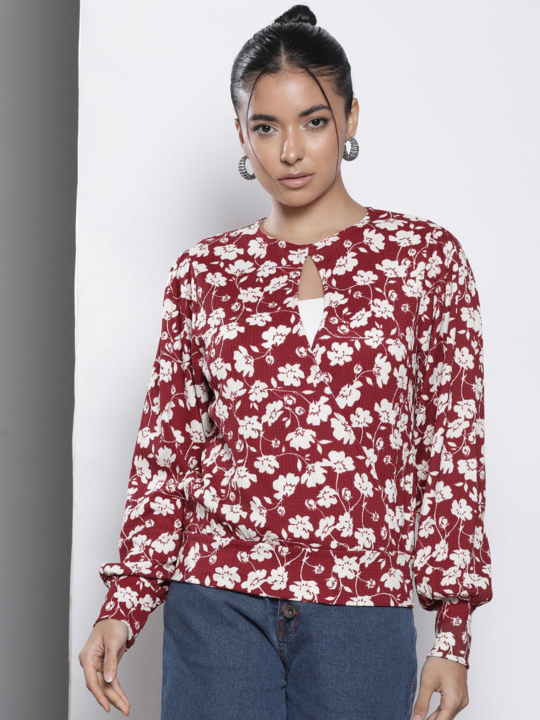 DOROTHY PERKINS Floral Printed Keyhole Neck Puff Sleeves Top