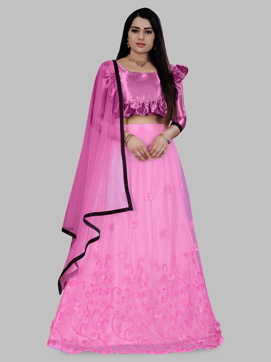 N N ENTERPRISE Thread Work Semi-Stitched Net Lehenga & Unstitched Blouse With Dupatta Price in India