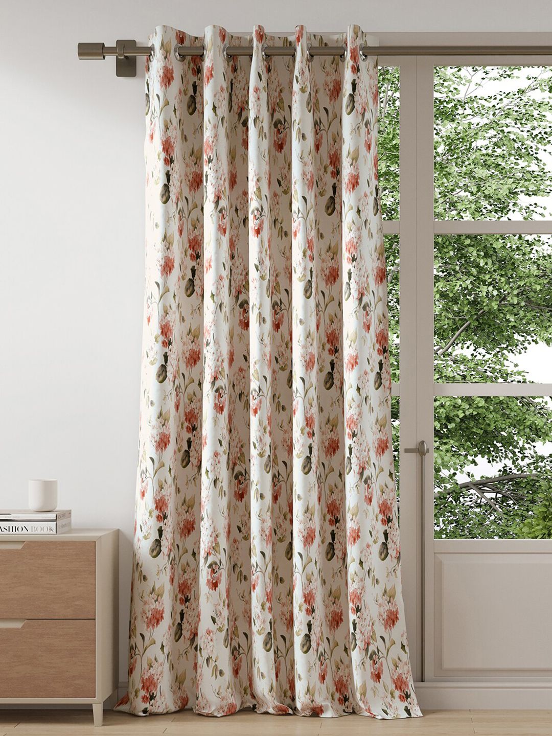 DDecor DDecor Off White & Peach Floral Room Darkening Long Door Curtain