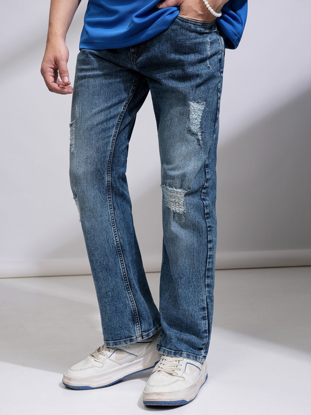 HIGHLANDER Men Bootcut Mid Rise Light Fade Mildly Distressed Stretchable Jeans
