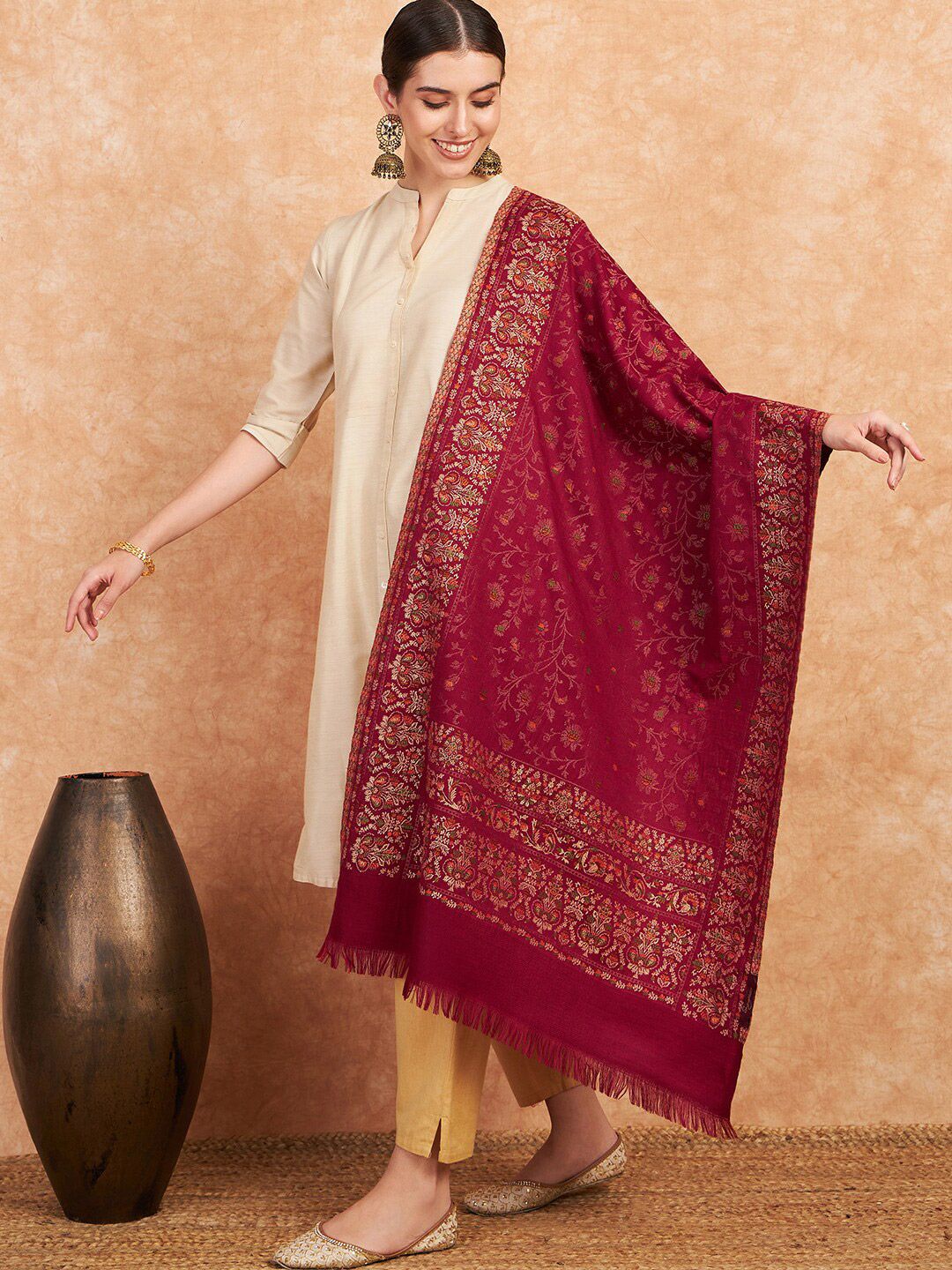 Sangria Floral Woven Design Winter Pashmina Shawl