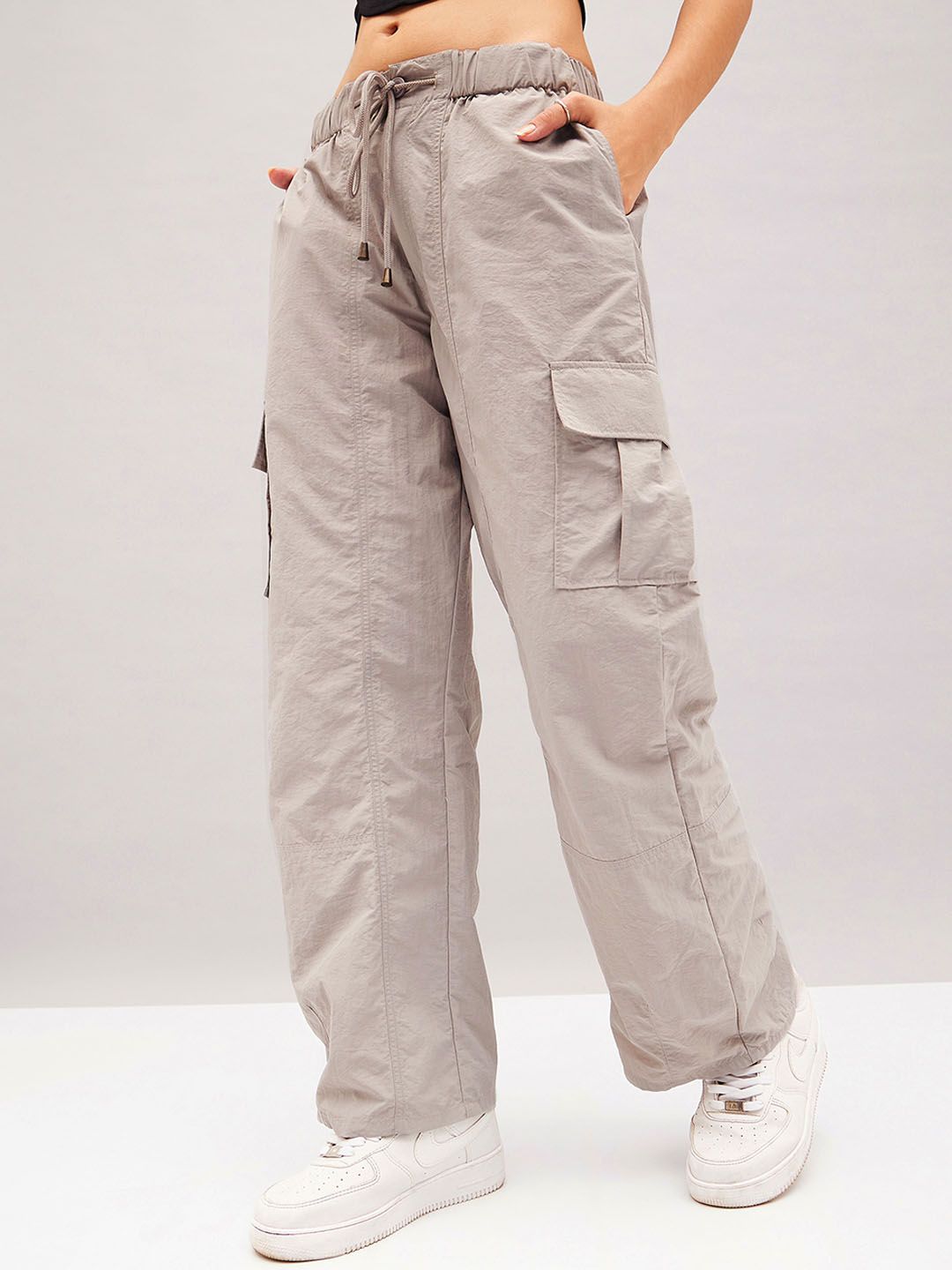 SASSAFRAS Grey Women Straight Fit Travel Features Cargos Trousers Price in India