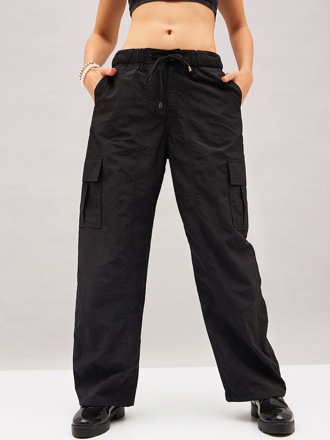 SASSAFRAS Women Straight Fit Mid Rise Plain Cargos Trousers Price in India