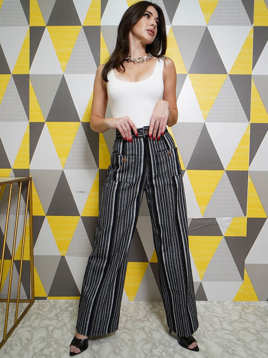 StyleAsh Women Striped Relaxed High-Rise Cotton Trousers Price in India