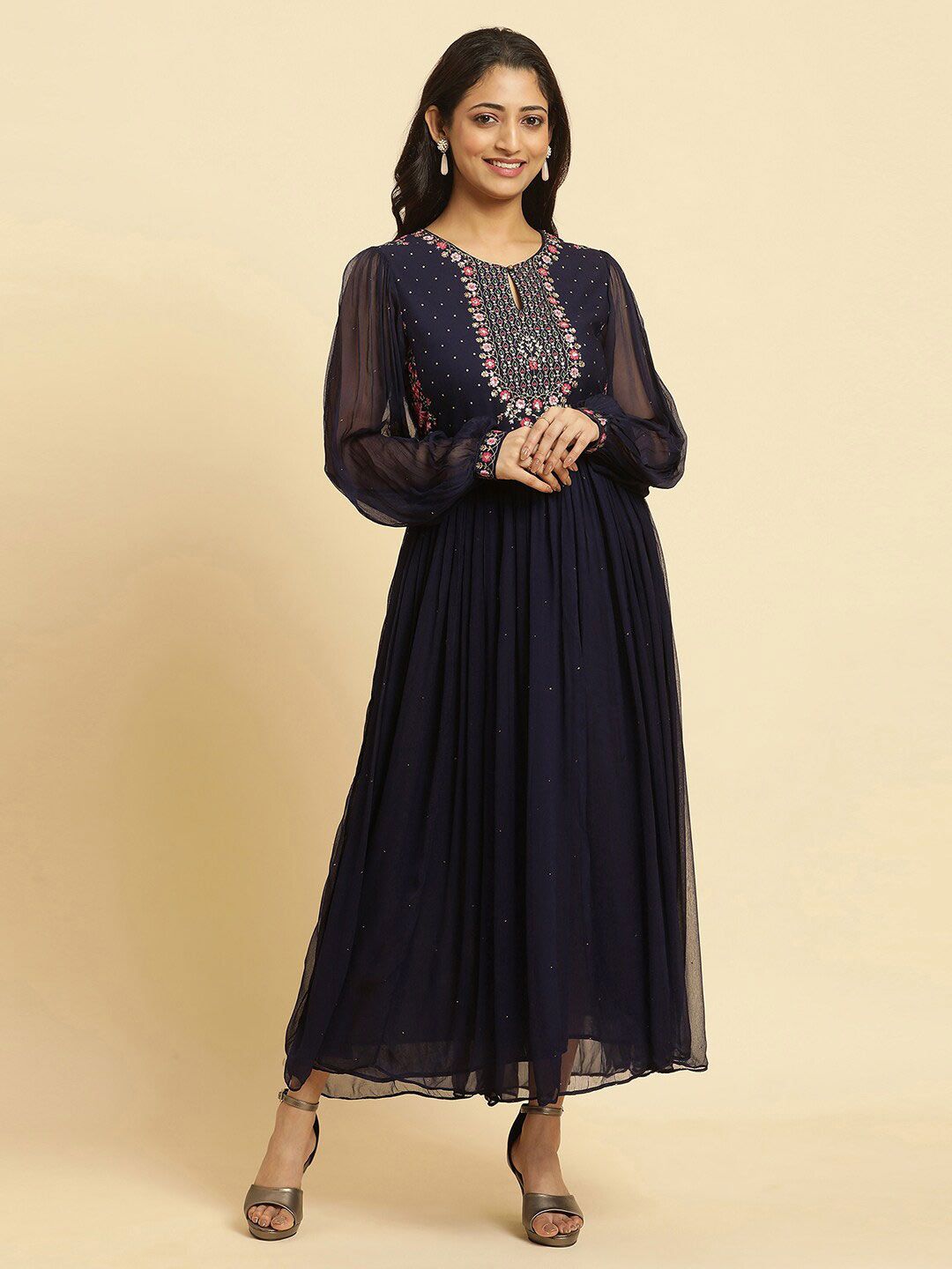 W Floral Embroidered Puff Sleeves Maxi Dress Price in India