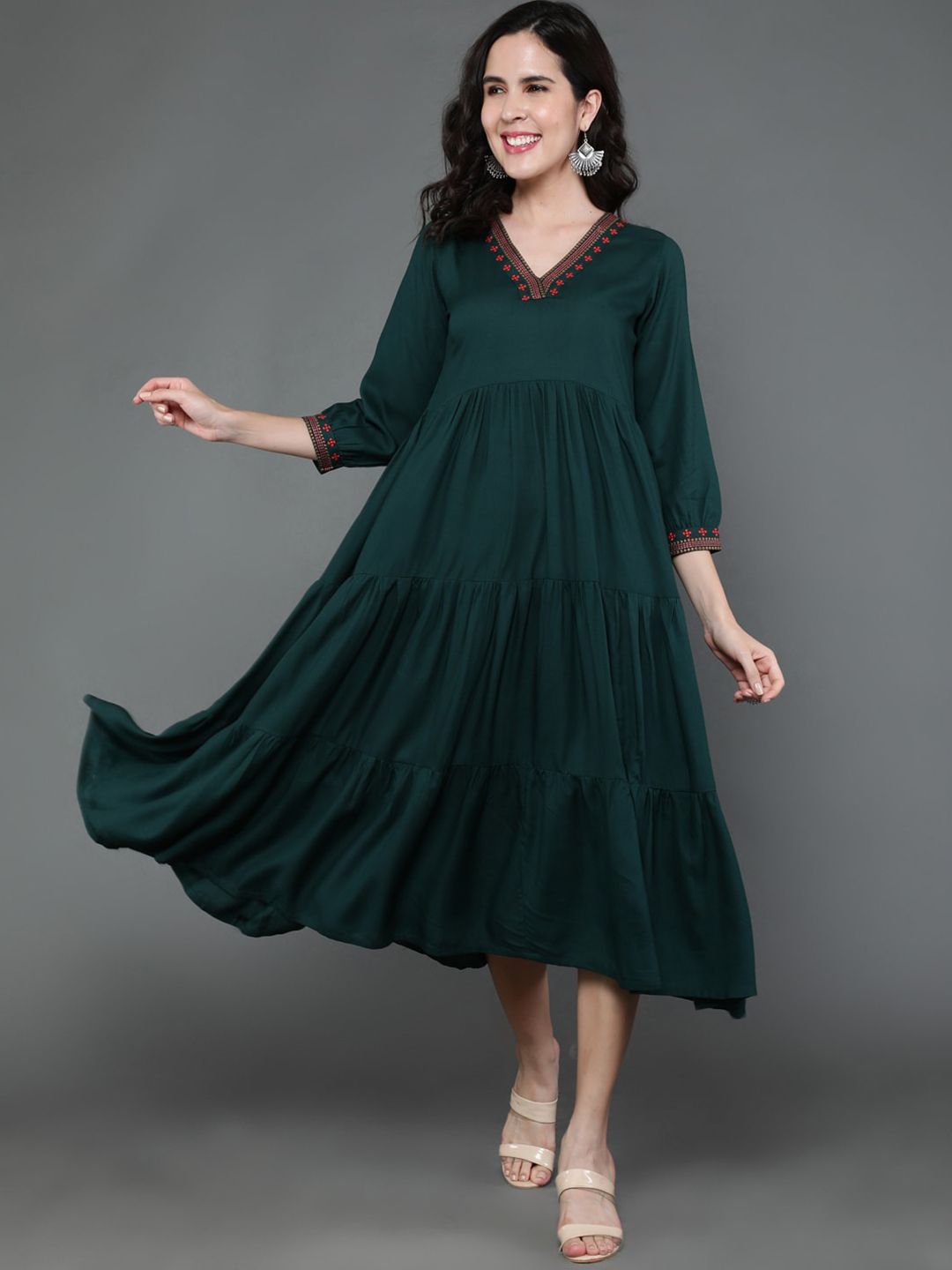 antaran V-Neck Gathered Detailed Tiered A-Line Midi Dress Price in India