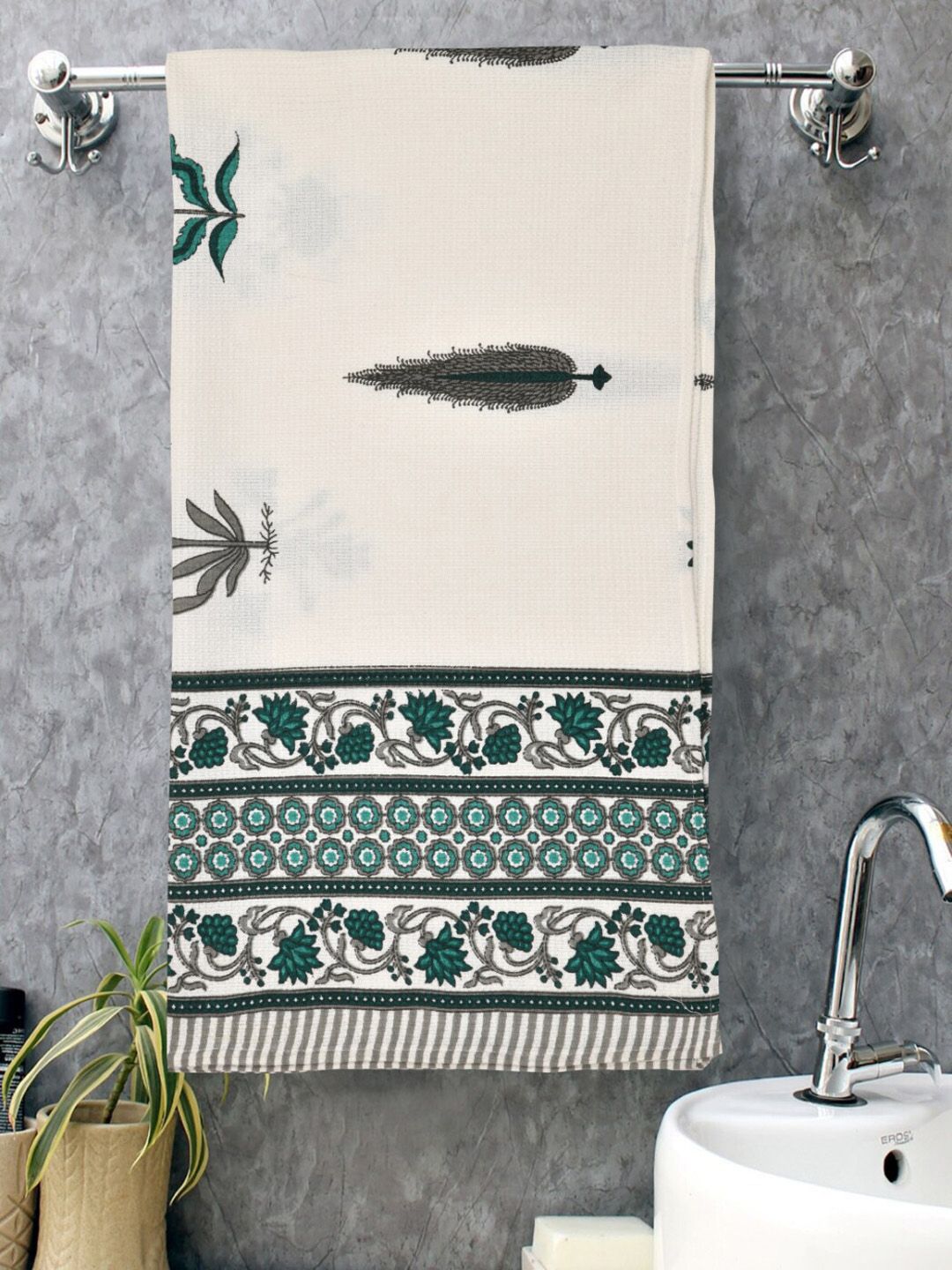 EasyGoods Green & Off-White 3 Pieces 150GSM Pure Cotton Waffle Towel Set