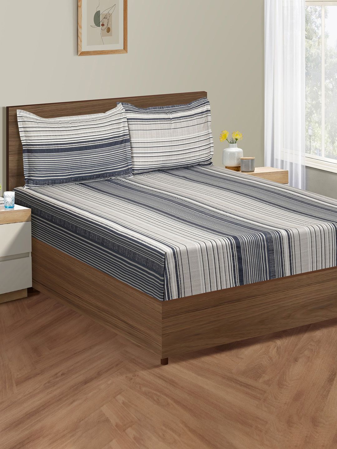 SWAYAM SWAYAM Ananda White Striped Cotton 210 TC King Fine Bedsheet with 2 Pillow Covers-108 x 108 inches