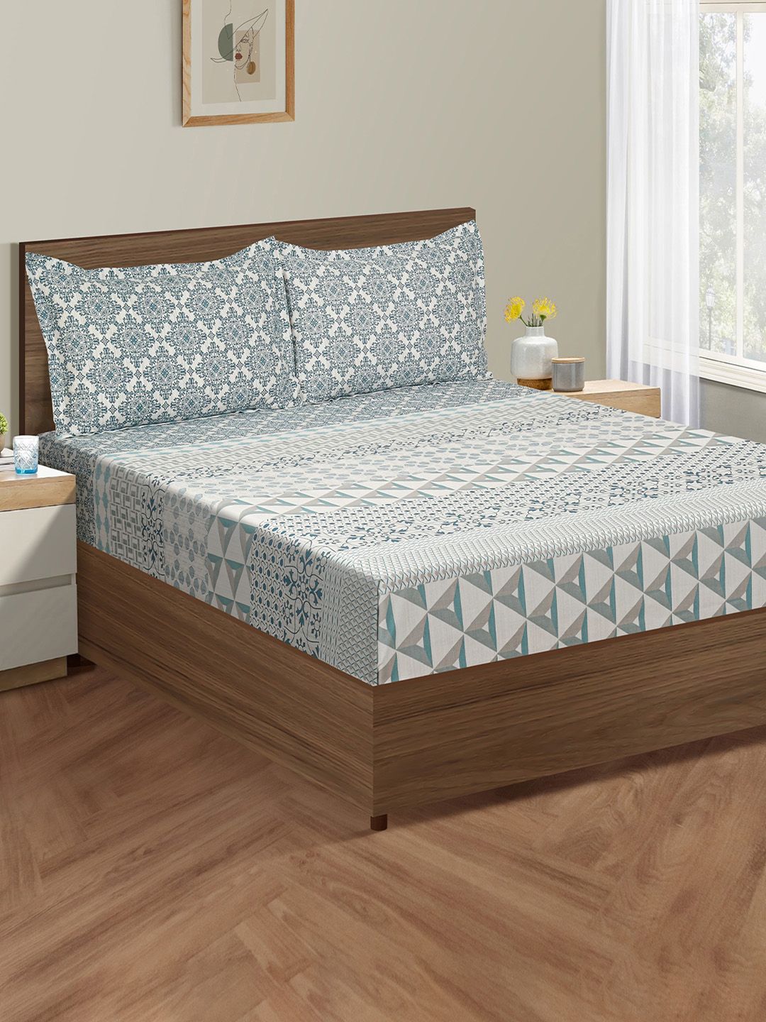 SWAYAM SWAYAM Blue Ethnic Motifs Pure Cotton 180 TC King Fine Bedsheet with 2 Pillow Covers-182 x 198 cm