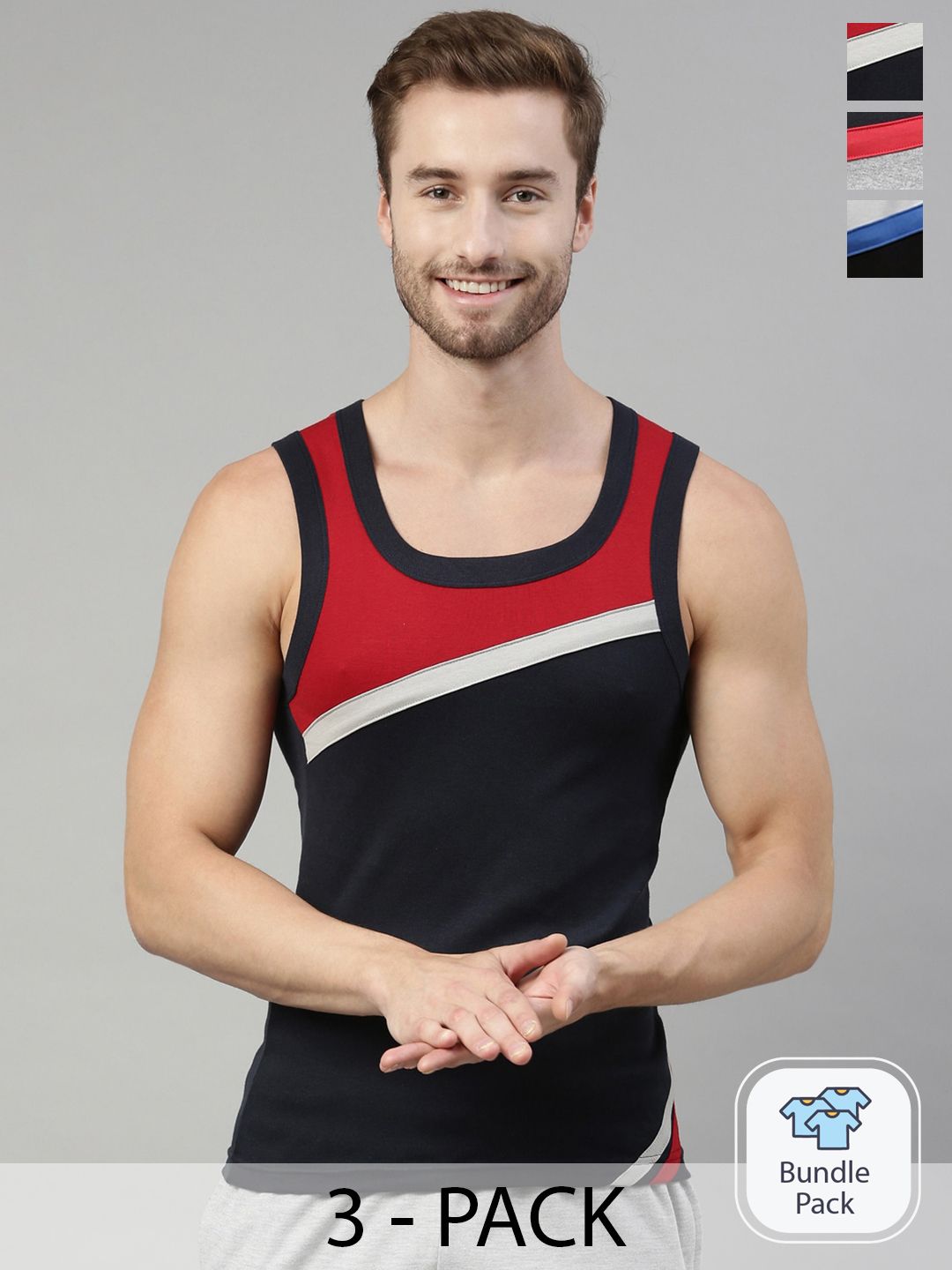 DIXCY SCOTT Men Pack of 3 Combed Cotton Slim Fit Colorblock On Chest Gym Vest