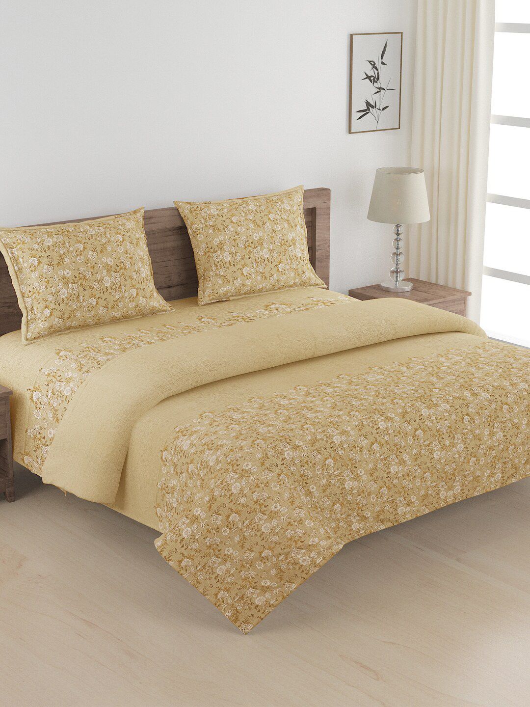 SWAYAM Beige & Yellow Floral Printed Cotton Double Queen Bedding Set